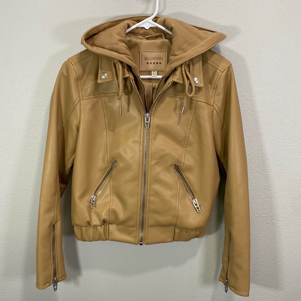 BLANKNYC Faux Leather Bomber Jacket Tan Brown Removable Hood XS‎